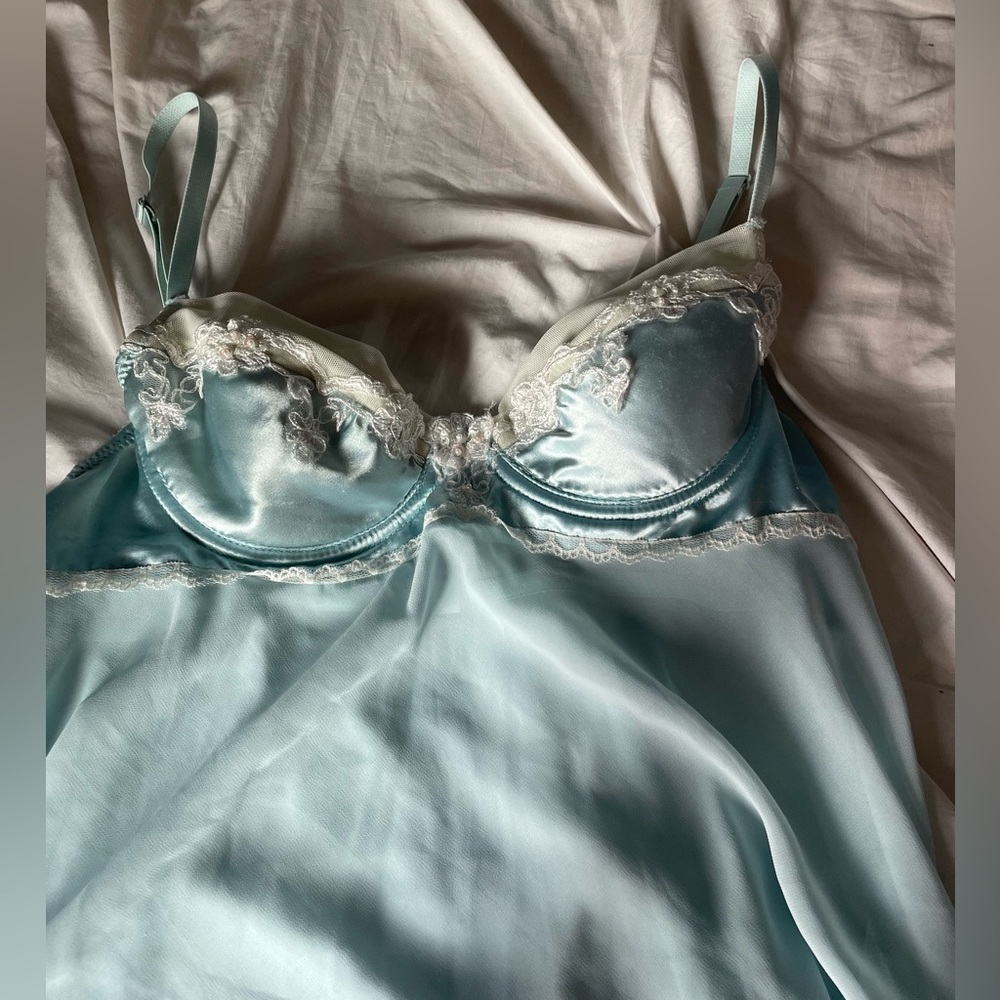 Light blue silk lingerie slip with lace detailing